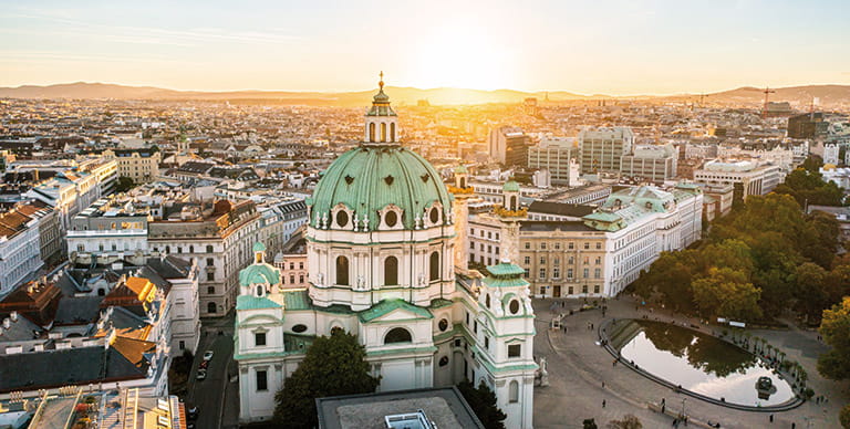 An aerial view of Vienna at sunset, Austria
